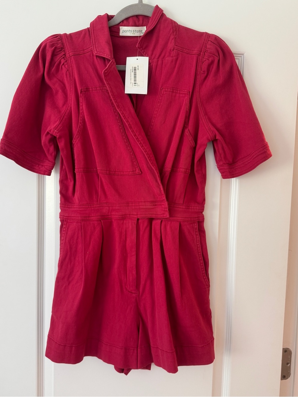 Pants Store Red Short Sleeve Romper - Women's Wrap-Front Jumpsuit